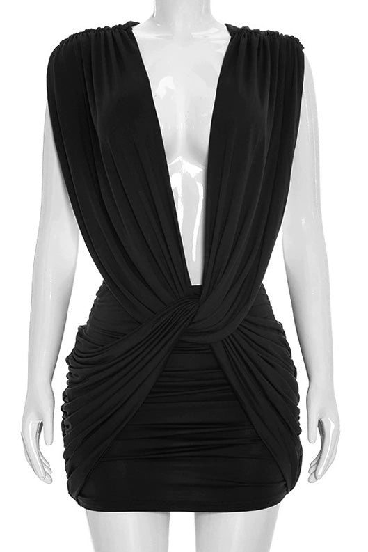 Plunging Twist Front Backless Mini Dress