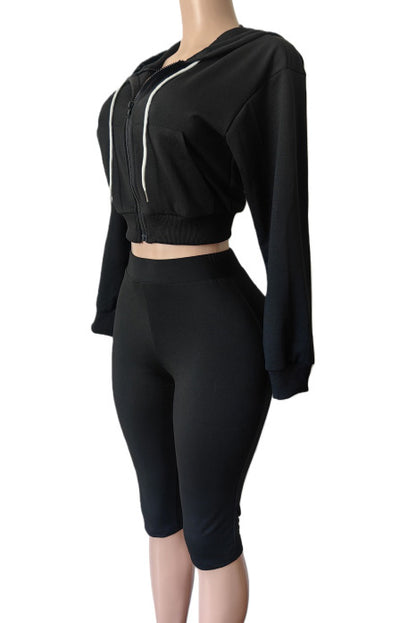 Cropped Zip Hoodie Biker Shorts Set