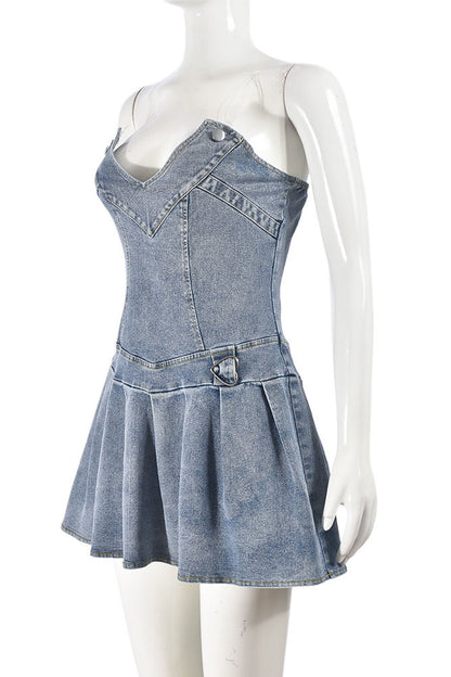 V Neck Pleated Denim Dress