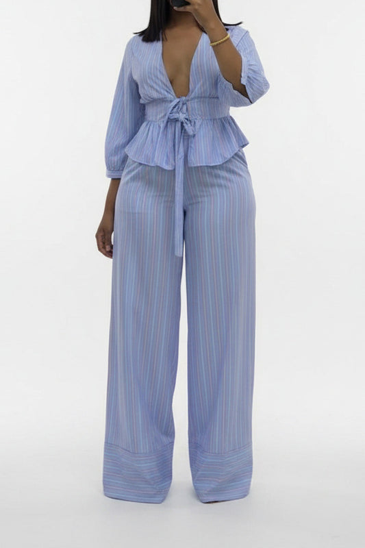 Striped Tie-Front Pant Set