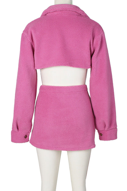 Fleece Long Sleeve Crop Tops Button Split Skirts