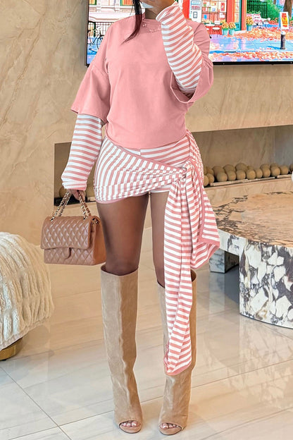 Layered-Look Stripe Top & Tie-Waist Shorts Set