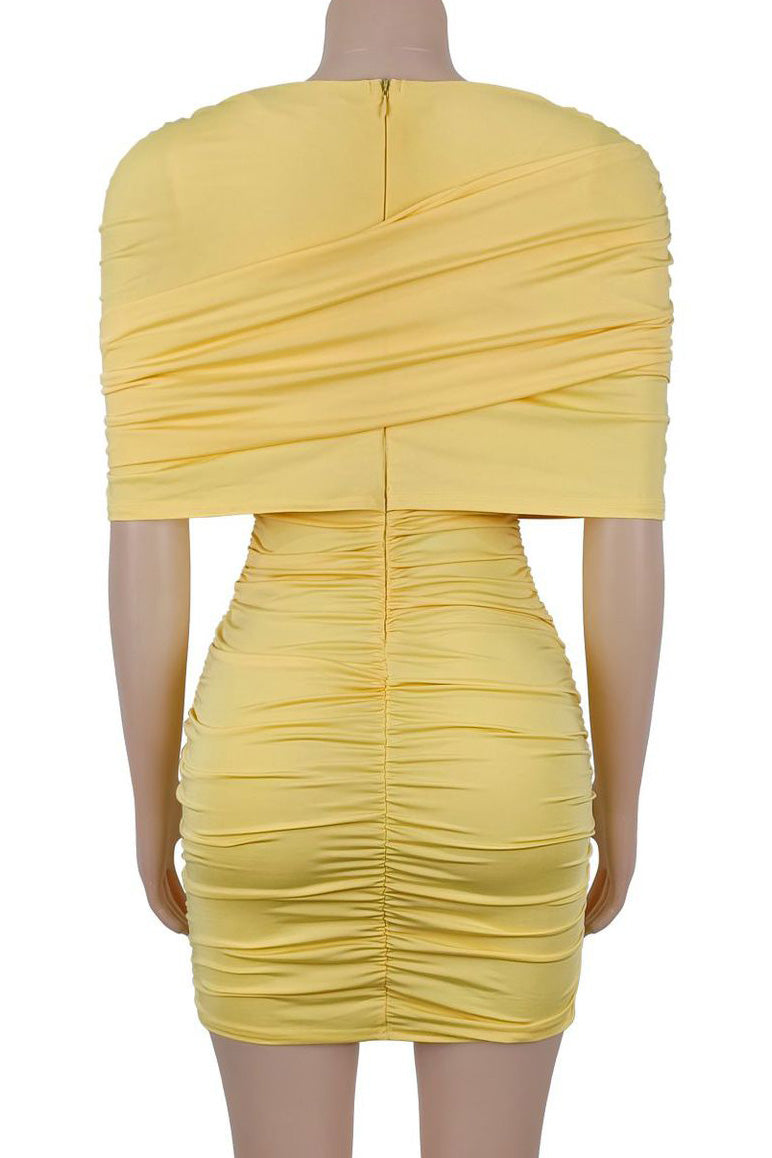 Draped Cape Ruched Bodycon Mini Dress