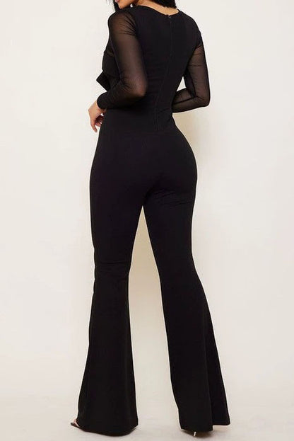 Sheer Mesh Illusion Bow Detail Flared Jumpsuit