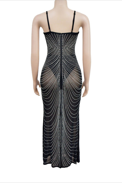 Sheer Rhinestone Bustier Maxi Dress