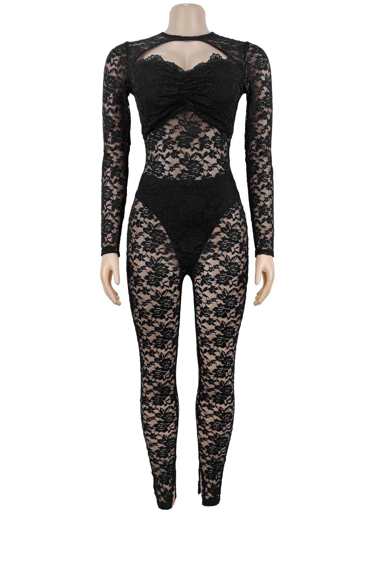Sheer Lace Long-Sleeve Cutout Jumpsuit