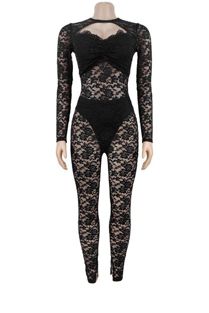 Sheer Lace Long-Sleeve Cutout Jumpsuit