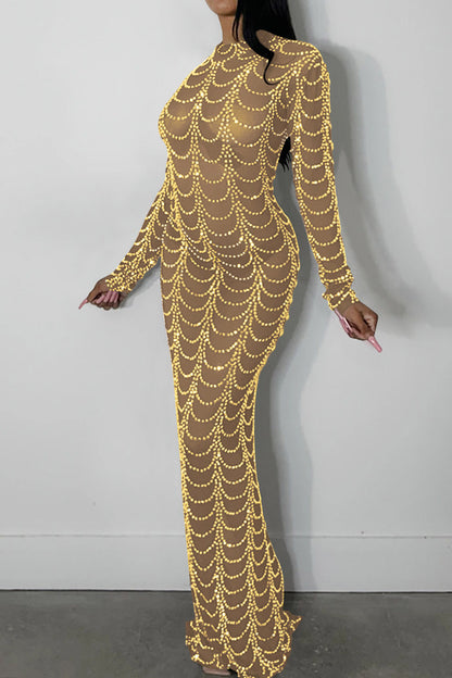 Rhinestone Long-Sleeve Sheer Maxi Dress