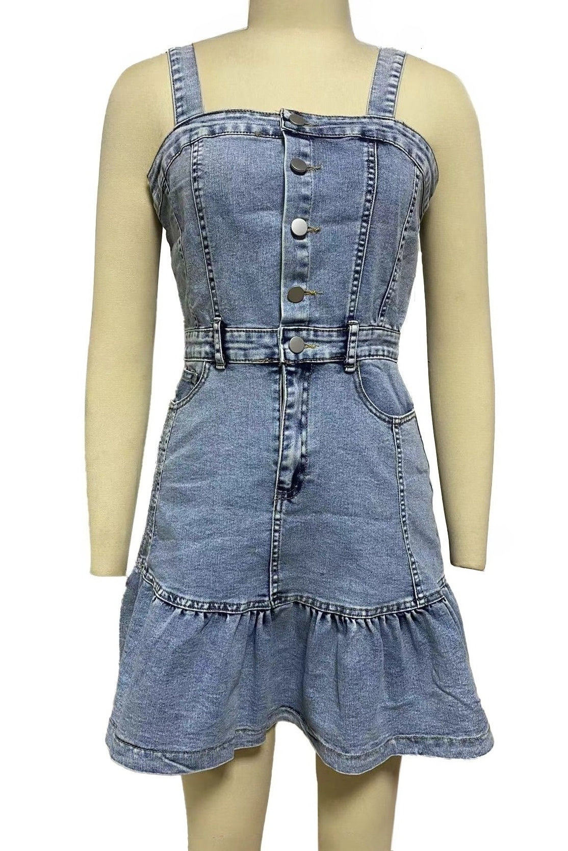 Square Neck Button-Front Denim Mini Dress