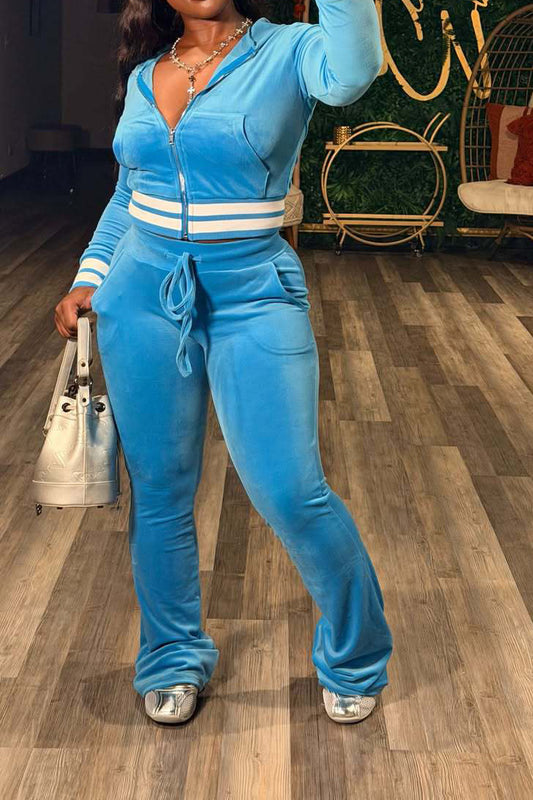 Striped-Trim Velour Hoodie & Flare Pants Set