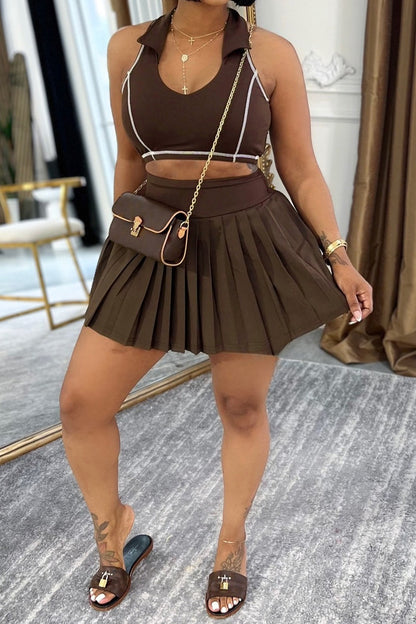 Contrast Stitch Collared Crop Top & Pleated Mini Skirt Set