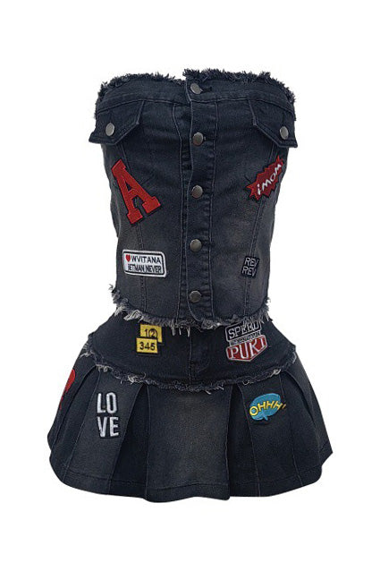 Denim Strapless Pleated Embroidered Skirt Set