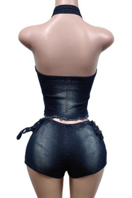 Edgy Zip-Up Halter Denim Set