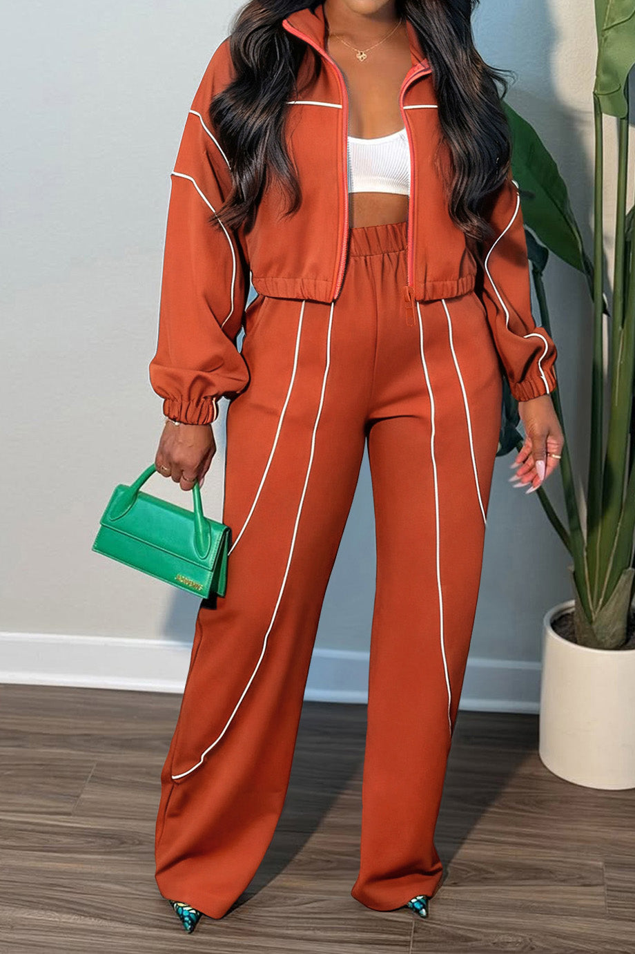 Contrast Piping Zip Pant Set