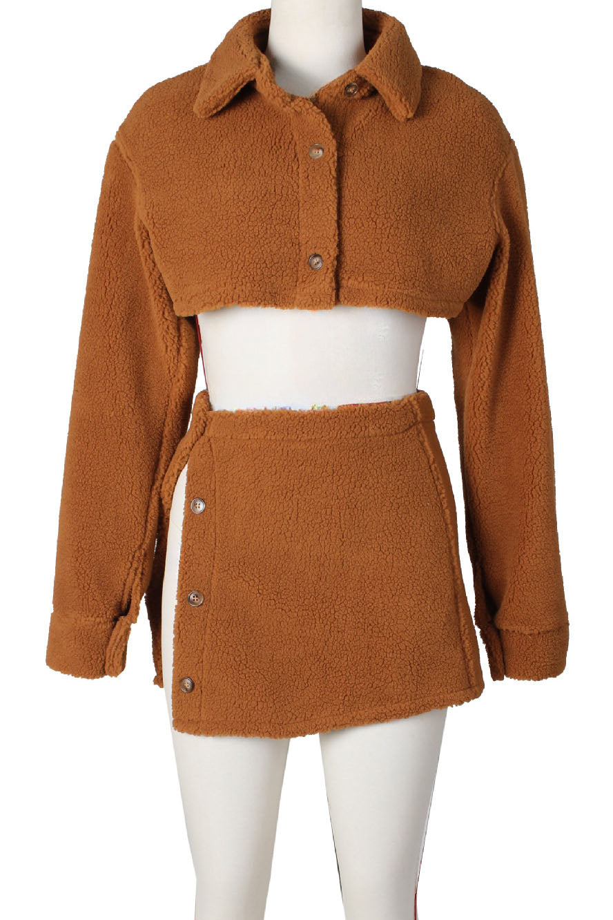 Fleece Long Sleeve Crop Tops Button Split Skirts