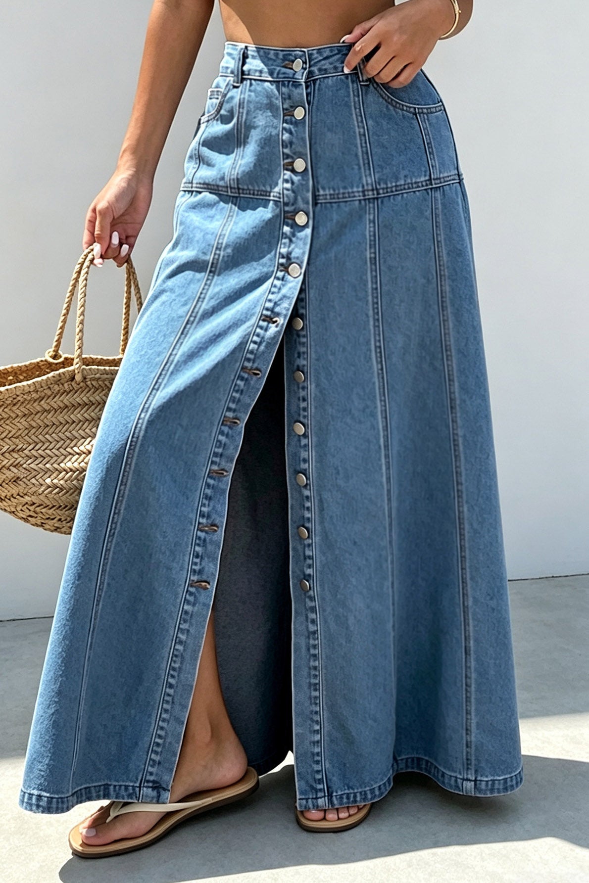 Button-Front A-Line Denim Maxi Skirt