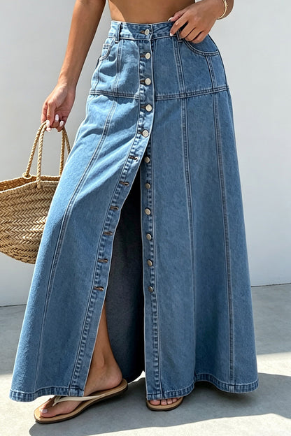 Button-Front A-Line Denim Maxi Skirt