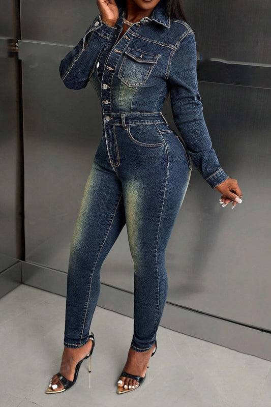 Stretch Denim Jumpsuit Long Sleeve Slim Fit