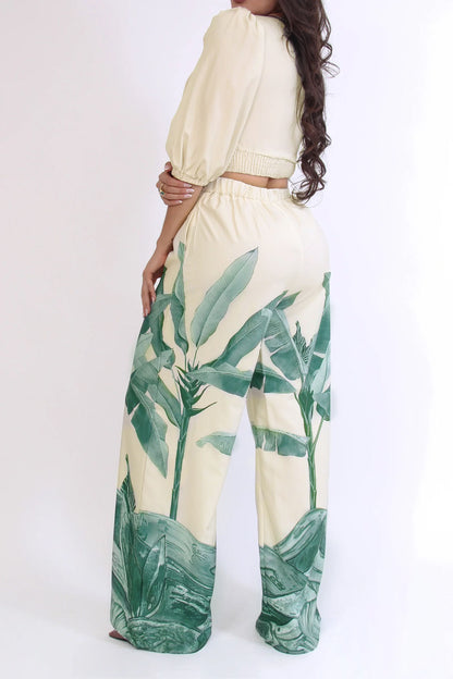 Printed V-Neck Wide-Leg Pants Set