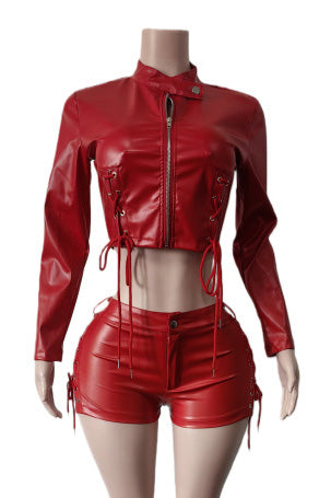 Lace-Up Faux Leather Jacket & Shorts Set