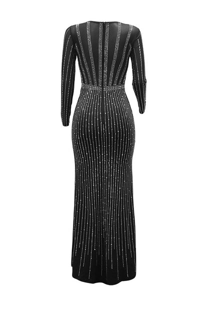 Rhinestone Mesh High Slit Maxi Dress