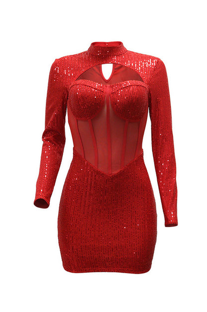 Sequin Cutout Mesh Corset Mini Dress