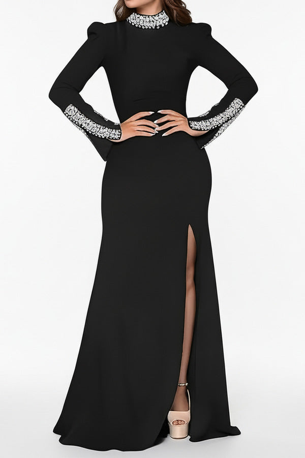 Long Sleeve Rhinestone Turtleneck Maxi Dress