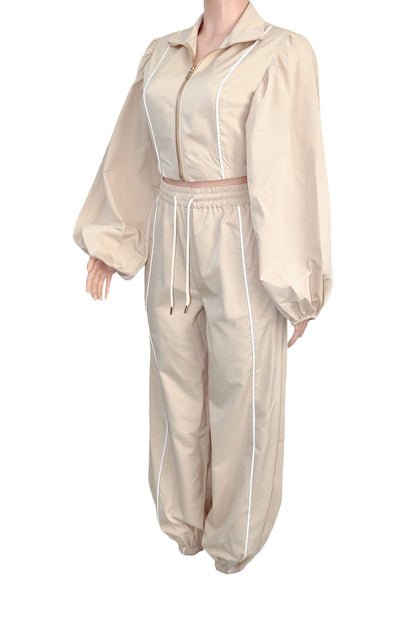 Puff-Sleeve Zip Jacket & Jogger Pants Set