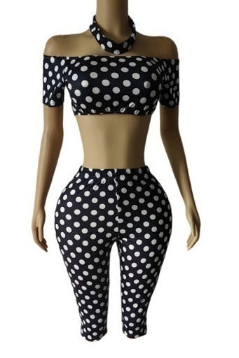 Polka Dot Off Shoulder Biker Shorts Set