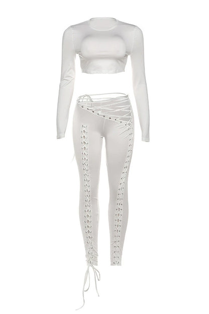 Long Sleeve Crop Top and Lace-Up Pants Set