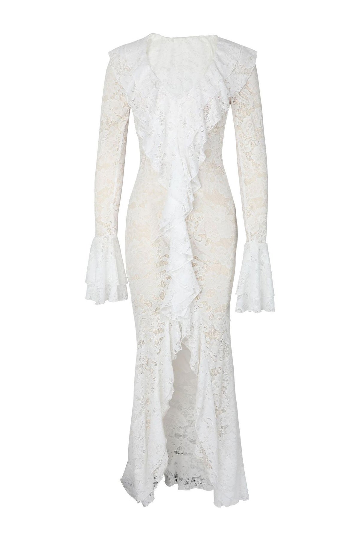 Sheer Lace Ruffled Slit Maxi Dress