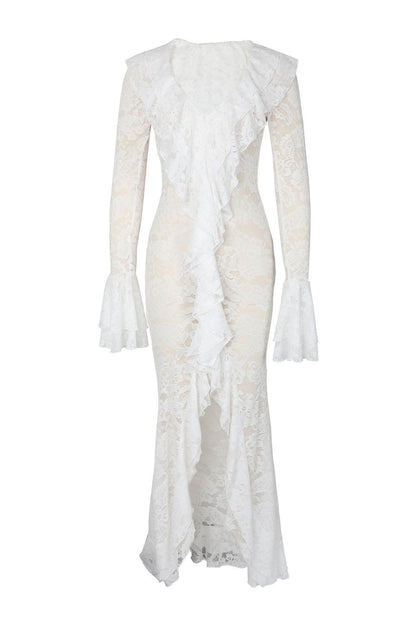 Sheer Lace Ruffled Slit Maxi Dress