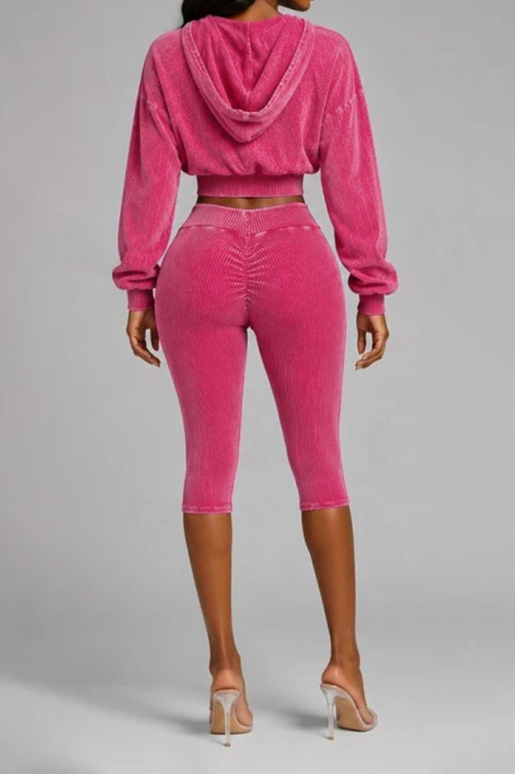 Washed Hoodie & Ribbed Capri Leggings Set