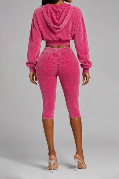 Washed Hoodie & Ribbed Capri Leggings Set