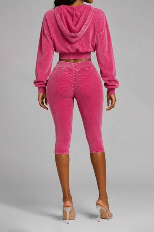 Washed Hoodie & Ribbed Capri Leggings Set