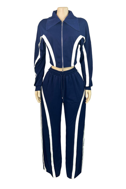 Striped Patchwork Zip-Up Top & Wide Leg Pants Set