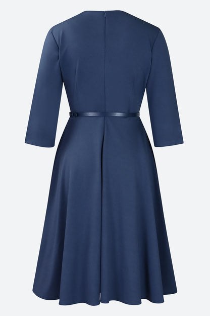Three-Quarter Sleeve Ruched Waist Dress