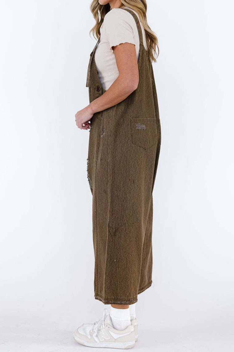 Loose Fit Distressed Denim Overalls