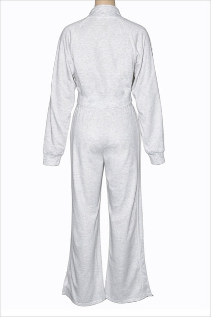 Contrast-Piping Zip Jacket & Flare Pants Set
