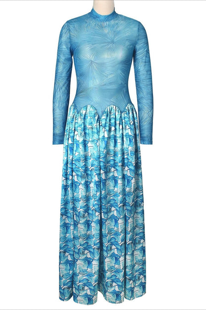 Mock Neck Mesh Floral Maxi Dress