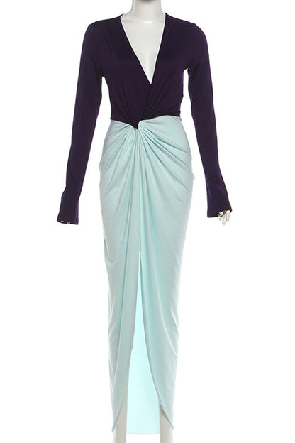 Deep V Neck Long Sleeve Slit Maxi Dress