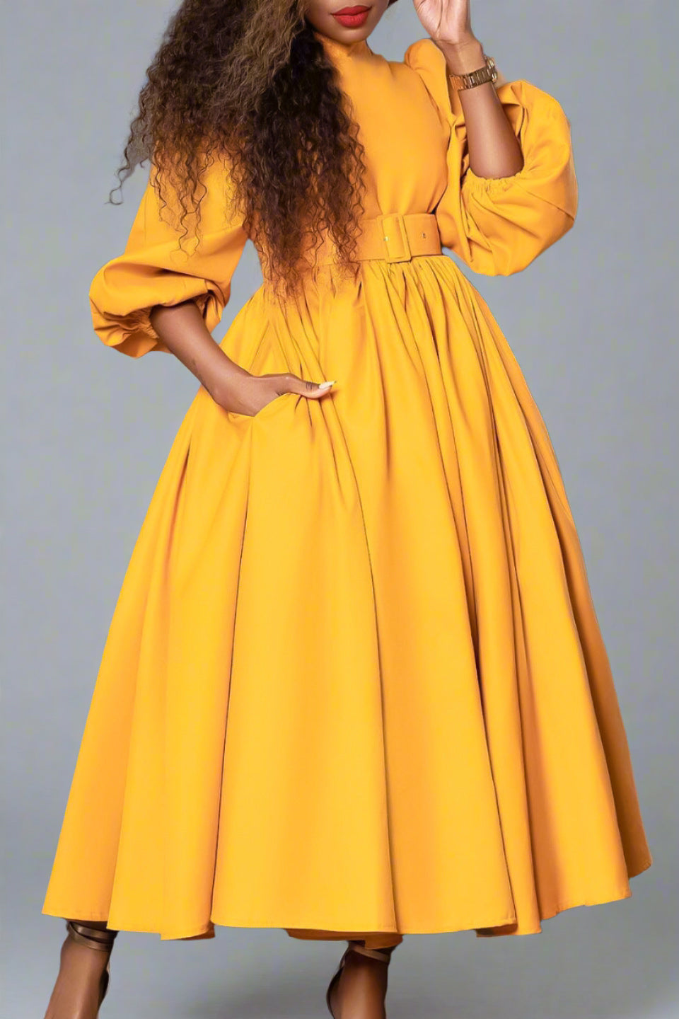 High Neck Puff Sleeve Evening Large Hem Dresses