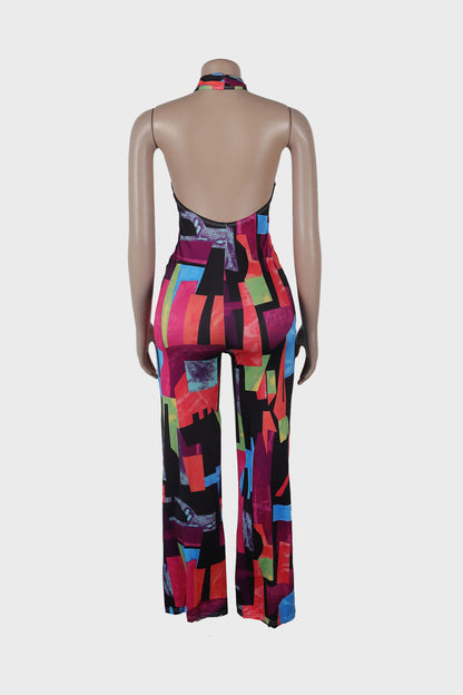 Printed Halter Hollow Out Jumpsuit