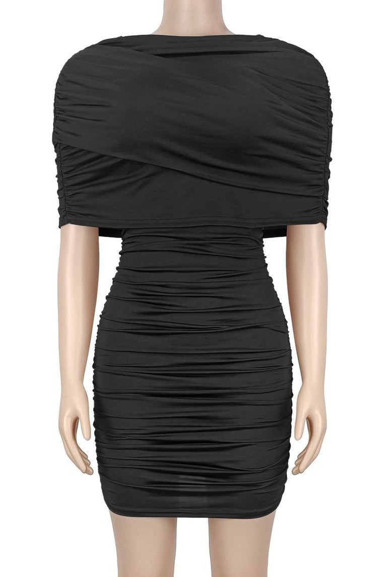 Draped Cape Ruched Bodycon Mini Dress