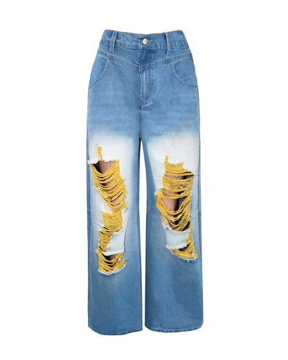 High-Waisted Distressed Wide-Leg Jean