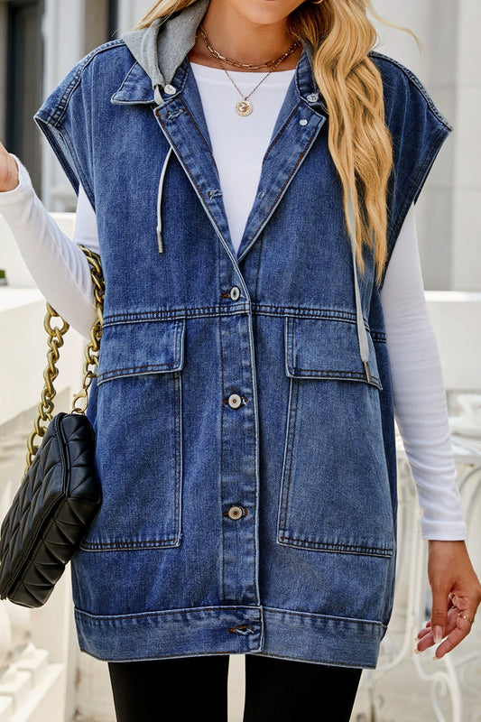 Vintage Denim Vest with Detachable Hood