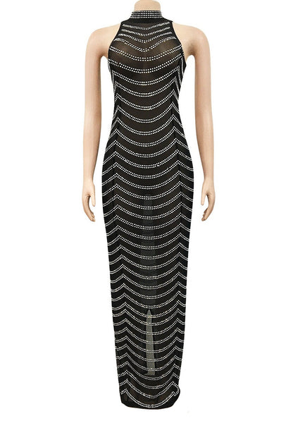 Rhinestone Halter Sheer Maxi Dress