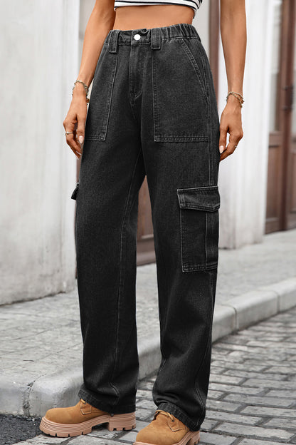 High Waist Elastic Baggy Cargo Jeans