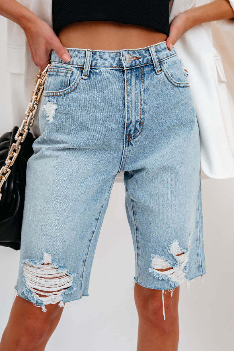 High-Waisted Distressed Denim Bermuda Shorts