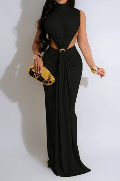 Mock Neck Cutout Ruched Maxi Dress